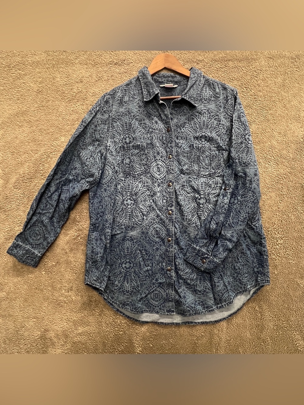 Allison Daley Women’s Blue Patterned 100% Cotton Button-Down LS Shirt large